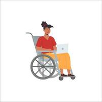 joven moderno discapacitado hombre mujer en silla de ruedas trabajando a computadora en cómodo oficina. concepto de diverso personas empleo con discapacidades plano vector ilustración aislado en blanco.