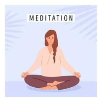 Square poster with young female meditating on lotus flower and doing yoga breathing exercise. Woman practicing Pranayama. Card with capture Meditation. Flat style vector illustration.