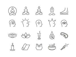 Mindfulness and meditation concept vector outline icons set. Collection of elements for self-awareness, emotional balance and spiritual practices.