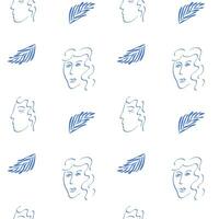 Trendy seamless pattern with abstract cut out Matisse inspired shapes and human face. Portrait and geometric shapes in simple flat design on white background. vector