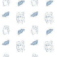 Trendy seamless pattern with abstract cut out Matisse inspired shapes and human face. Portrait and geometric shapes in simple flat design on white background. vector