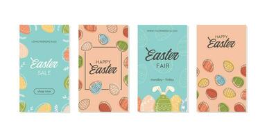 Set of Happy Easter social media story templates, sale banners, greeting cards or vertical posters with place for text. Bunny ears and Easter Eggs in trendy minimalistic style. Vector illustration.