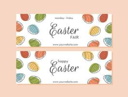 Festive frame template with trendy outlined geometric pattern on Easter Eggs. Decorative horizontal banner with Easter eggs on blue background. Vector border for holiday with place for text.