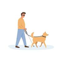 A guide dog with blind person walking together. Set of people with disability using help of dog. Collection of flat style characters. Vector illustration.