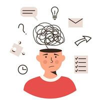 Human head with many thoughts, task and ideas. Child or adult with ADHD syndrome. Attention deficit hyperactivity disorder. Mental health, psychology concept. Vector flat style illustration.