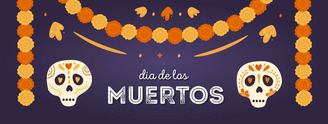 Dia de los muertos. Horizontal banner with sugar skulls and marigold floral garlands decoration. Mexican national holiday Day of the dead. Vector hand drawn illustration in flat style.