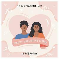 Happy Valentines Day greeting card. Cute romantic couple in heart and decorative design. Trendy abstract square templates for social media posts, banners and ads. Vector illustration in flat style.