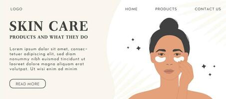 Woman with eye patches. Skin care routine horizontal banner or landing page template with place for text. Cosmetic spa procedures for face. Vector illustration in flat cartoon style.