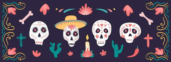 Dia de los muertos. Horizontal banner with sugar skulls and marigold floral garlands decoration. Mexican national holiday Day of the dead. Vector hand drawn illustration in flat style.