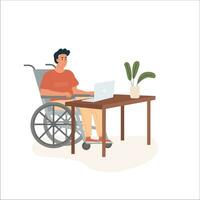 joven moderno discapacitado hombre mujer en silla de ruedas trabajando a computadora en cómodo oficina. concepto de diverso personas empleo con discapacidades plano vector ilustración aislado en blanco.