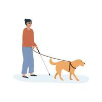 A guide dog with blind person walking together. Set of people with disability using help of dog. Collection of flat style characters. Vector illustration.