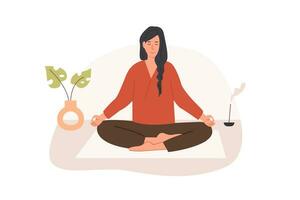 Young female with crossed legs and closed eyes meditating at home. Woman sitting cross-legged in her room or apartment and practicing yoga. Meditation or abdominal breathing spiritual practice. Vector