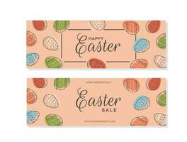 Festive frame template with trendy outlined geometric pattern on Easter Eggs. Decorative horizontal banner with Easter eggs on blue background. Vector border for holiday with place for text.