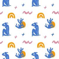 Trendy seamless pattern with abstract cut out Matisse inspired shapes and human face. Portrait and geometric shapes in simple flat design on white background. vector