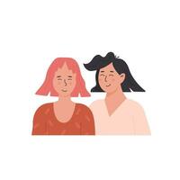 Cute lesbian couple. Portrait of adorable young women flirting with each other. Homosexual romantic partners on date. Concept of love, passion and homosexuality. Flat cartoon vector illustration.