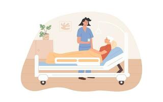 enfermo mayor mujer acostado en cama. hembra enfermero visitar paciente a antiguo años hogar. médico personal trabajando a hospital interior. hogar cuidado servicios para mayor gente. residencial cuidado instalación. vector. vector