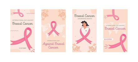 Set of vector stories template for International Day Against Breast Cancer. Collection of banners for social media. Breast Cancer Awareness Month campaign with pink ribbons. Flat style Illustration.