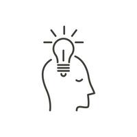 Head with light bulb. Vector outline icon. Vector creative imagination brainstorming or generating new idea isolated. Concept of innovation, solution and creativity.