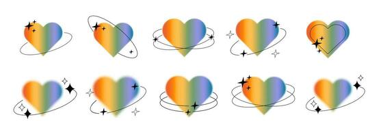 vector conjunto de borroso arco iris de colores corazón aura estético elemento con lineal marco y formas queer gay amor símbolo en de moda y2k estilo diseño modelo. moderno minimalista borroso degradado corazones.