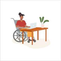 joven moderno discapacitado hombre mujer en silla de ruedas trabajando a computadora en cómodo oficina. concepto de diverso personas empleo con discapacidades plano vector ilustración aislado en blanco.