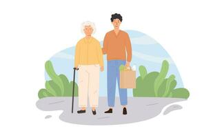 Female caretaker and elderly man doing shopping. Scene of volunteer with senior person helping to buy groceries. Social worker helping grandpa. Nursing retirement home services. Vector illustration.