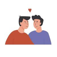 linda gay Pareja. retrato de adorable joven hombres flirteador con cada otro. homosexual romántico socios en fecha. concepto de amar, pasión y homosexualidad. plano dibujos animados aislado vector ilustración.