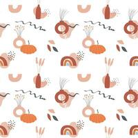 Boho art aesthetic seamless pattern with autumn arrangements of ceramic vases with dry leafs and plants. Repeatable background with pumpkin, rainbow and abstract shapes. Flat style vector illustration