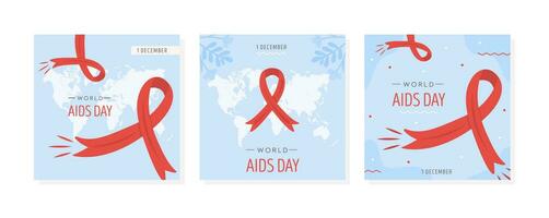 Set of World AIDS Day card. Red awareness ribbon with world map on background. HIV symbol or emblem. Social media post or square banner template. Vector illustration in flat style.