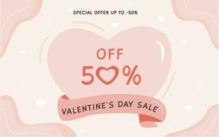 Happy Valentine's Day horizontal banner with a hearts. Trendy Valentines day sale template in pink pastel colours and flat style. Vector background with copy space for text.