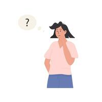 Thinking character. Portrait of thoughtful person with question mark. Young woman solving problem, making decision. Flat style vector illustration.