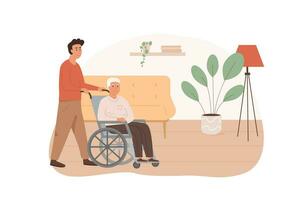 Residential care facility. A caretaker with old man on wheelchair. A bedroom in nursing home, retirement home. Scene of elderly person with social worker at home. Concept of assisted living. vector