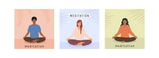 conjunto de cuadrado carteles con diverso joven masculino y hembra personas meditando y haciendo yoga respiración ejercicio. tarjetas con capturar meditación con palma hojas en antecedentes. plano vector ilustración.