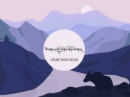 losar Tashi delek horizontal póster o cartel con himalaya montaña escenario. tradicional nómada animal yak y budista estupa en antecedentes. tibetano Traducción contento nuevo año. vector ilustración.