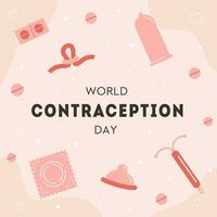 World Contraception Day square card. Contraceptive items for safe sex. Birth control methods. Sex education web banner or social media post template. Vector illustration in flat cartoon style.