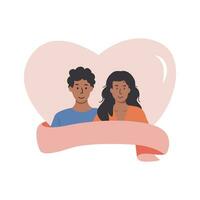 linda diverso romántico Pareja en corazón con rosado cinta y vacío espacio para subtítulo. invitación modelo para matrimonio de amor socios o boda. plano vector ilustración aislado en blanco antecedentes.