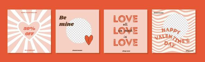 Set of Valentines greeting cards in retro 60s 70s 80s groovy style. Sale square banner for social media post. Love creative minimalist print. Web background. Poster template vector flat illustration.