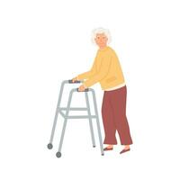 Elderly patient walking with a help of walker. Senior female in orthopaedic therapy rehabilitation. Old age woman with disability, rehabilitating physical activity, physiotherapy. Vector illustration.