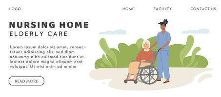 Concept of nursing home. A caregiver with old age woman on wheelchair. A bedroom in retirement home. Scene of disabled senior person with social worker at home. Vector flat style banner.