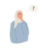 Thinking character. Portrait of thoughtful muslim woman with question mark. Young woman solving problem, making decision. Flat style vector illustration.