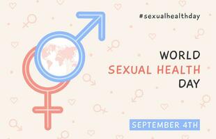 World Sexual Health Day Horizontal Banner. Female and male gender signs with world map. Sex education. Safe sexual behavior, birth fertility control. Vector poster in flat cartoon style.