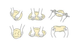 Set of kneading dough hands. Homemade bakery. Making sourdough bread. Instruction for baking recipe. Flat vector hand drawn doodle style isolated on white illustration for cookbook or cooking blog.