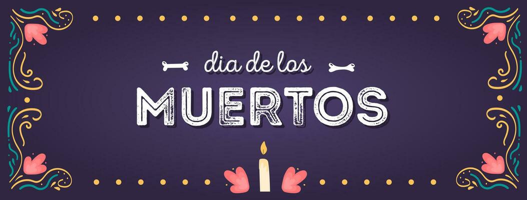 Dia de los muertos. Horizontal banner with sugar skulls and marigold floral garlands decoration. Mexican national holiday Day of the dead. Vector hand drawn illustration in flat style.