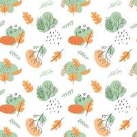 Abstract boho seamless pattern with autumn leaves, twigs and tree branches. Repeatable background with fall season berries, pumpkin and foliage. Flat style vector illustration.