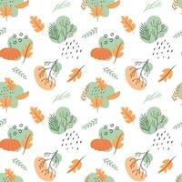 Abstract boho seamless pattern with autumn leaves, twigs and tree branches. Repeatable background with fall season berries, pumpkin and foliage. Flat style vector illustration.