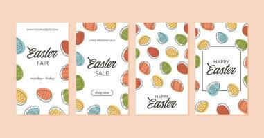 Set of Happy Easter social media story templates, sale banners, greeting cards or vertical posters with place for text. Bunny ears and Easter Eggs in trendy minimalistic style. Vector illustration.