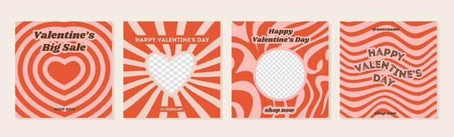 Set of Valentines greeting cards in retro 60s 70s 80s groovy style. Sale square banner for social media ig post. Love creative minimal print. Web background. Poster template vector flat illustration.