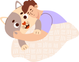 Sleeping man hugs cat toy pillow png