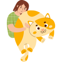 Girl hugs big toy cat png