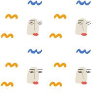 Trendy seamless pattern with abstract cut out Matisse inspired shapes and human face. Portrait and geometric shapes in simple flat design on white background. vector