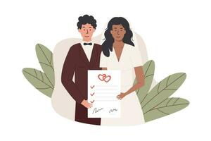 un novio y novia participación firmado matrimonio contrato. interracial casado Pareja con prenupcial documento. recién casado con prenupcial acuerdo matrimonio certificado en tropical antecedentes. vector ilustración